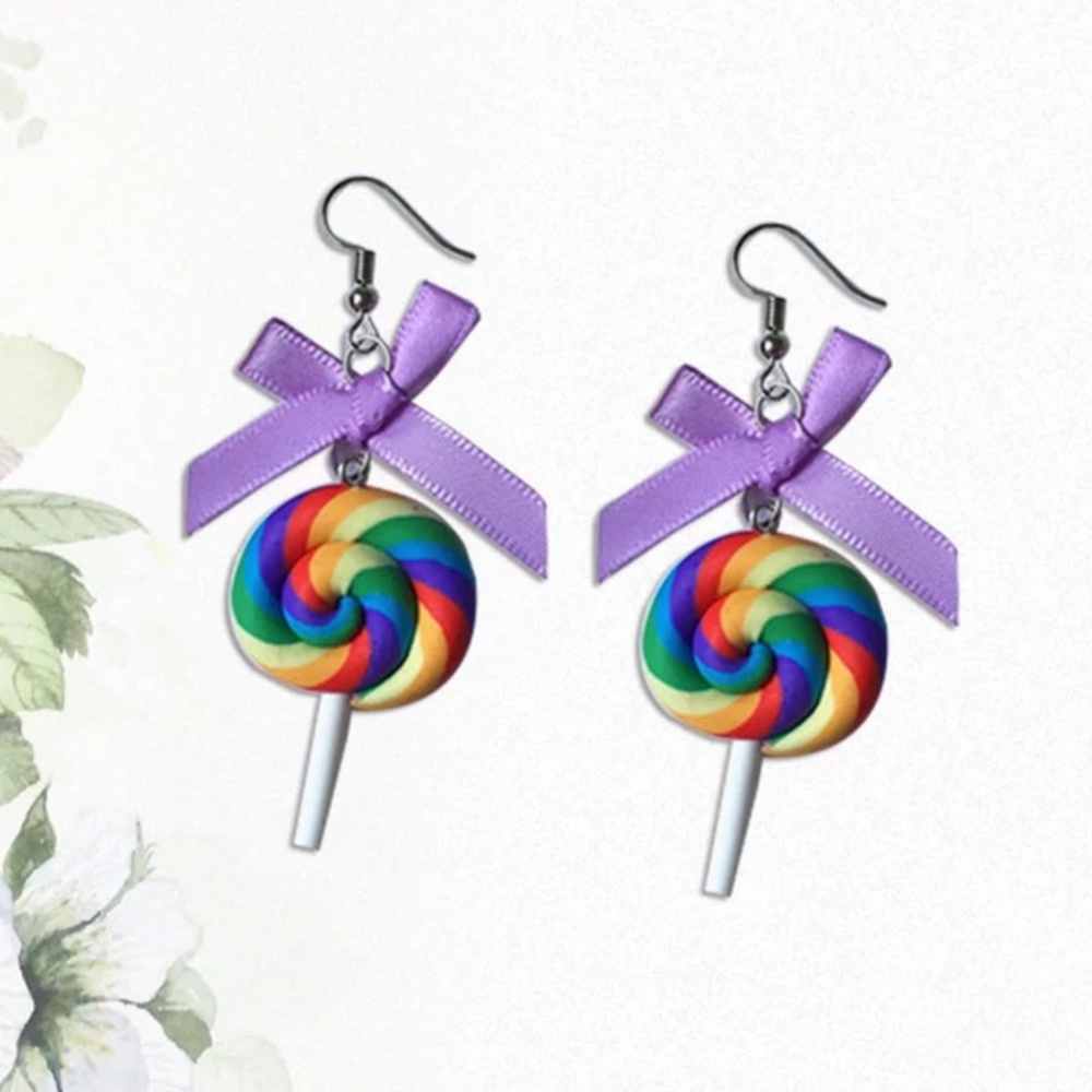 🍭3/$15 Kawaii Rainbow Swirl Lollipop Bow Earrings